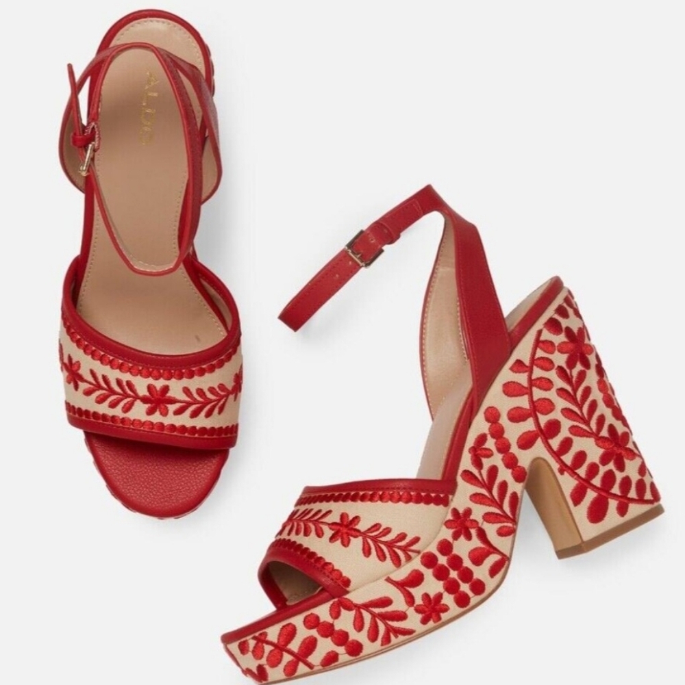 Aldo Red and Cream Embroidered Platform Heels